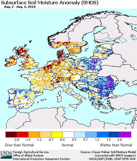 Europe Subsurface Soil Moisture Anomaly (SMOS) Thematic Map For 7/30/2018 - 8/5/2018