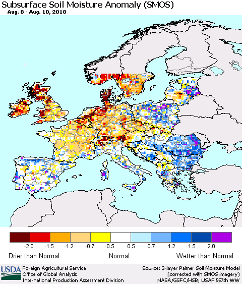 Europe Subsurface Soil Moisture Anomaly (SMOS) Thematic Map For 8/6/2018 - 8/12/2018