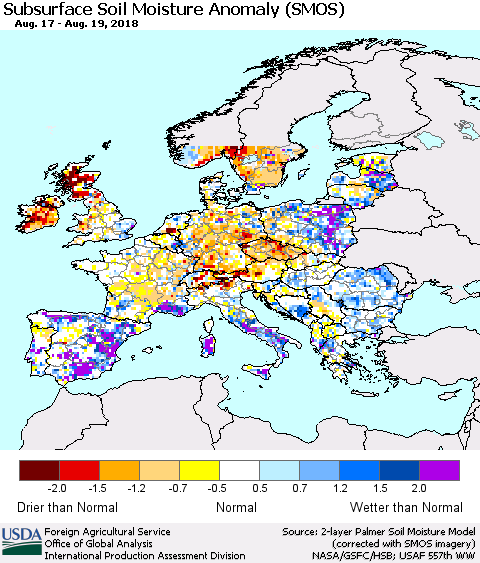 Europe Subsurface Soil Moisture Anomaly (SMOS) Thematic Map For 8/13/2018 - 8/19/2018