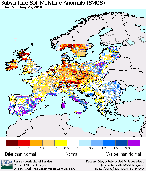 Europe Subsurface Soil Moisture Anomaly (SMOS) Thematic Map For 8/20/2018 - 8/26/2018