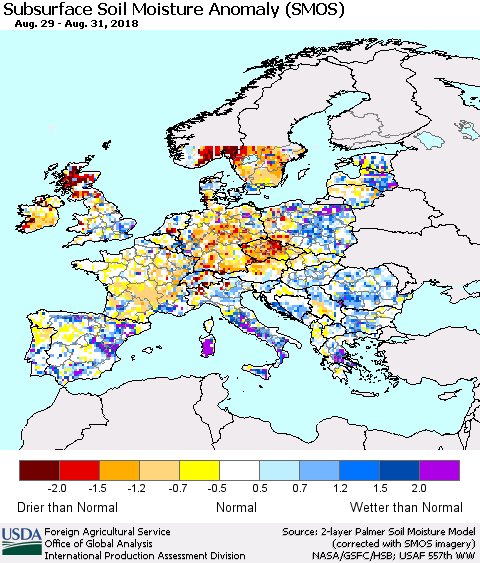 Europe Subsurface Soil Moisture Anomaly (SMOS) Thematic Map For 8/27/2018 - 9/2/2018