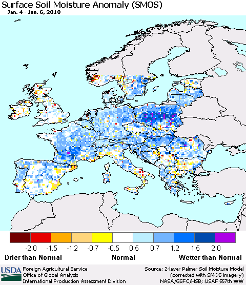 Europe Surface Soil Moisture Anomaly (SMOS) Thematic Map For 1/1/2018 - 1/7/2018