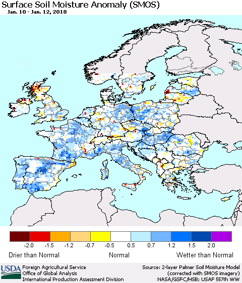 Europe Surface Soil Moisture Anomaly (SMOS) Thematic Map For 1/8/2018 - 1/14/2018