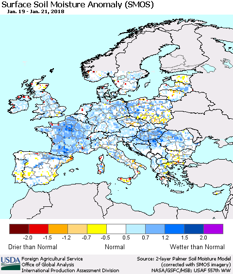 Europe Surface Soil Moisture Anomaly (SMOS) Thematic Map For 1/15/2018 - 1/21/2018
