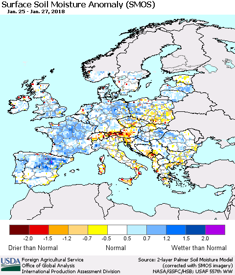 Europe Surface Soil Moisture Anomaly (SMOS) Thematic Map For 1/22/2018 - 1/28/2018