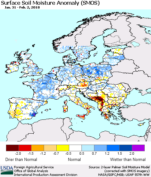 Europe Surface Soil Moisture Anomaly (SMOS) Thematic Map For 1/29/2018 - 2/4/2018