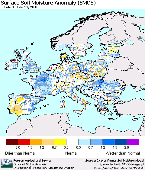 Europe Surface Soil Moisture Anomaly (SMOS) Thematic Map For 2/5/2018 - 2/11/2018