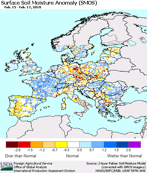 Europe Surface Soil Moisture Anomaly (SMOS) Thematic Map For 2/12/2018 - 2/18/2018