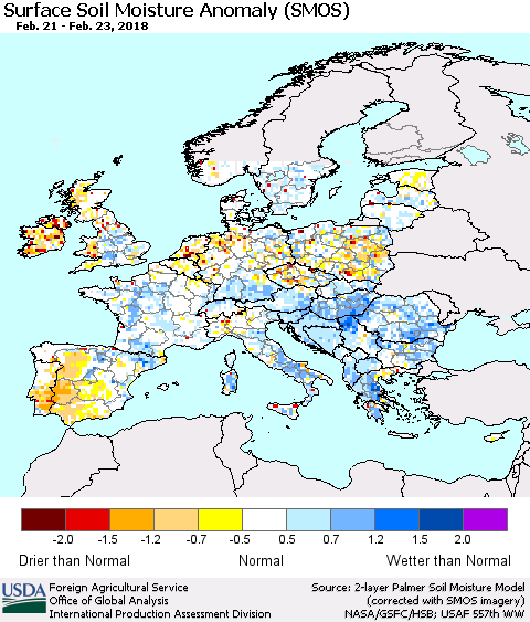 Europe Surface Soil Moisture Anomaly (SMOS) Thematic Map For 2/19/2018 - 2/25/2018
