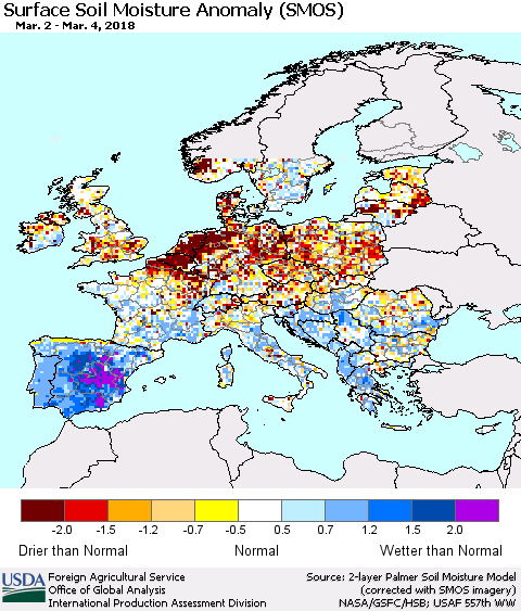 Europe Surface Soil Moisture Anomaly (SMOS) Thematic Map For 2/26/2018 - 3/4/2018