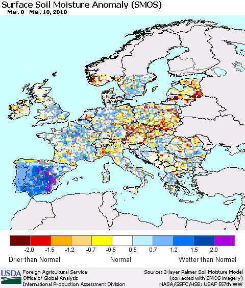 Europe Surface Soil Moisture Anomaly (SMOS) Thematic Map For 3/5/2018 - 3/11/2018