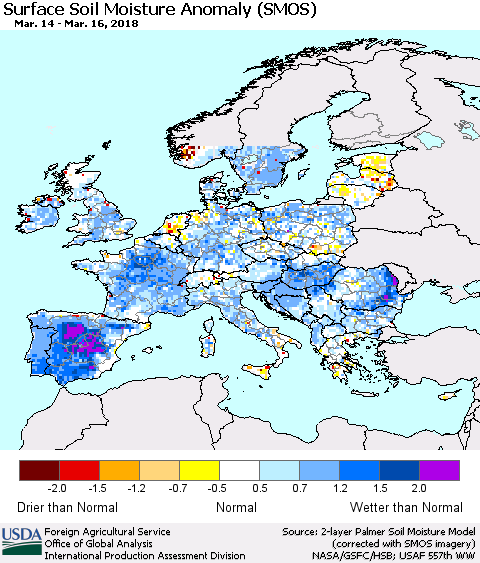 Europe Surface Soil Moisture Anomaly (SMOS) Thematic Map For 3/12/2018 - 3/18/2018