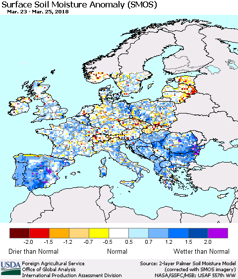 Europe Surface Soil Moisture Anomaly (SMOS) Thematic Map For 3/19/2018 - 3/25/2018