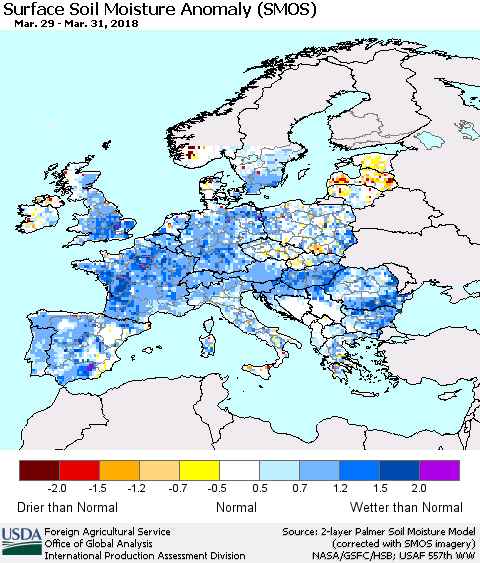 Europe Surface Soil Moisture Anomaly (SMOS) Thematic Map For 3/26/2018 - 4/1/2018