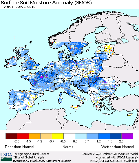 Europe Surface Soil Moisture Anomaly (SMOS) Thematic Map For 4/2/2018 - 4/8/2018