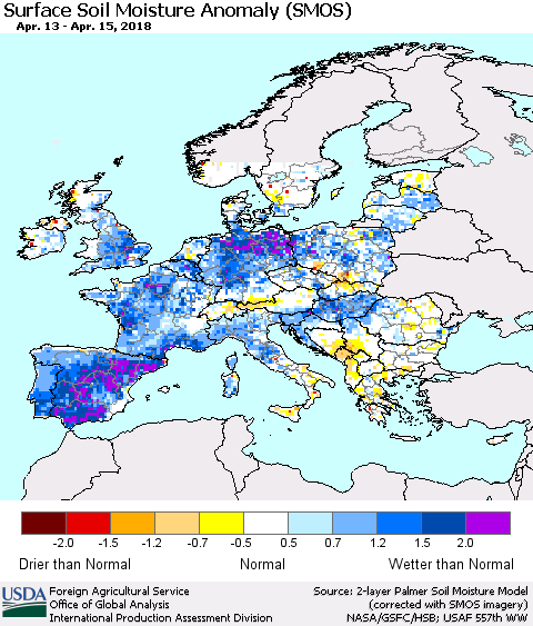 Europe Surface Soil Moisture Anomaly (SMOS) Thematic Map For 4/9/2018 - 4/15/2018