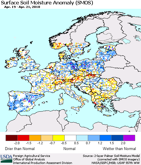 Europe Surface Soil Moisture Anomaly (SMOS) Thematic Map For 4/16/2018 - 4/22/2018