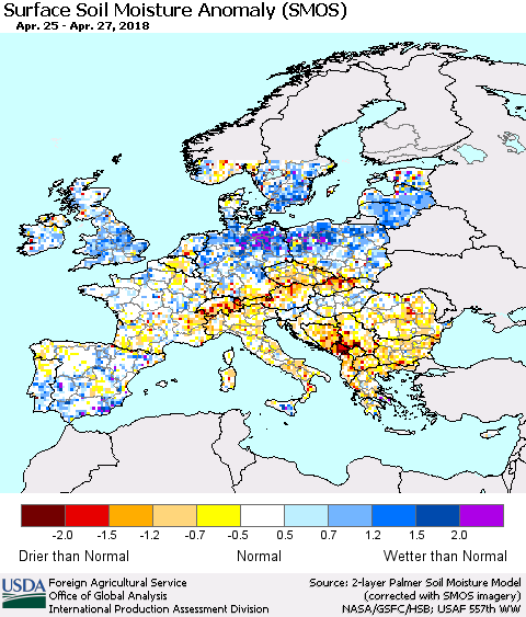 Europe Surface Soil Moisture Anomaly (SMOS) Thematic Map For 4/23/2018 - 4/29/2018