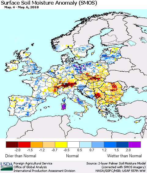 Europe Surface Soil Moisture Anomaly (SMOS) Thematic Map For 4/30/2018 - 5/6/2018