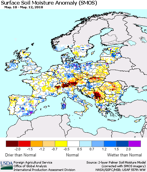 Europe Surface Soil Moisture Anomaly (SMOS) Thematic Map For 5/7/2018 - 5/13/2018