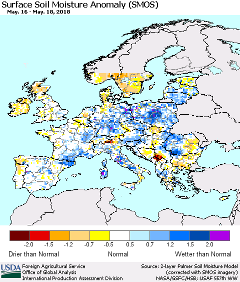 Europe Surface Soil Moisture Anomaly (SMOS) Thematic Map For 5/14/2018 - 5/20/2018