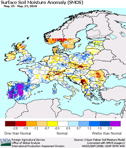 Europe Surface Soil Moisture Anomaly (SMOS) Thematic Map For 5/21/2018 - 5/27/2018