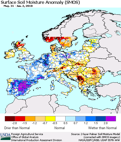 Europe Surface Soil Moisture Anomaly (SMOS) Thematic Map For 5/28/2018 - 6/3/2018