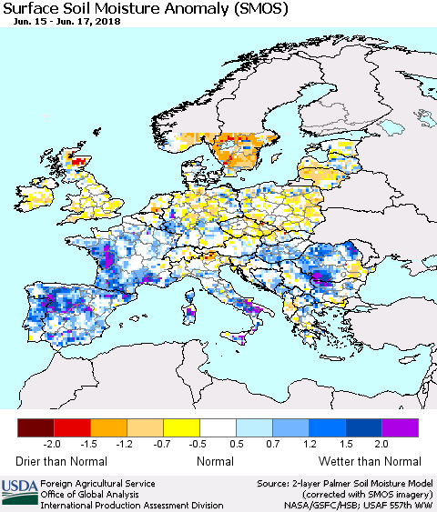 Europe Surface Soil Moisture Anomaly (SMOS) Thematic Map For 6/11/2018 - 6/17/2018