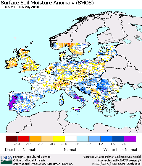 Europe Surface Soil Moisture Anomaly (SMOS) Thematic Map For 6/18/2018 - 6/24/2018