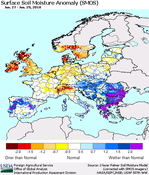 Europe Surface Soil Moisture Anomaly (SMOS) Thematic Map For 6/25/2018 - 7/1/2018