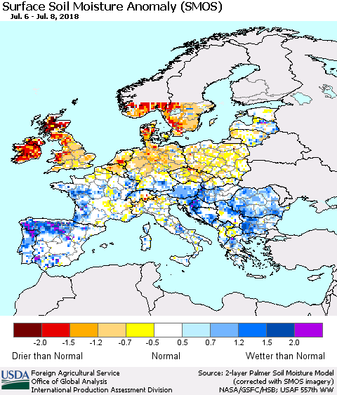 Europe Surface Soil Moisture Anomaly (SMOS) Thematic Map For 7/2/2018 - 7/8/2018