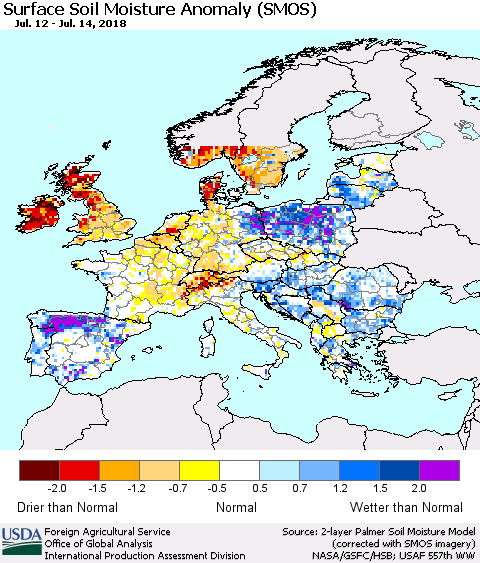 Europe Surface Soil Moisture Anomaly (SMOS) Thematic Map For 7/9/2018 - 7/15/2018