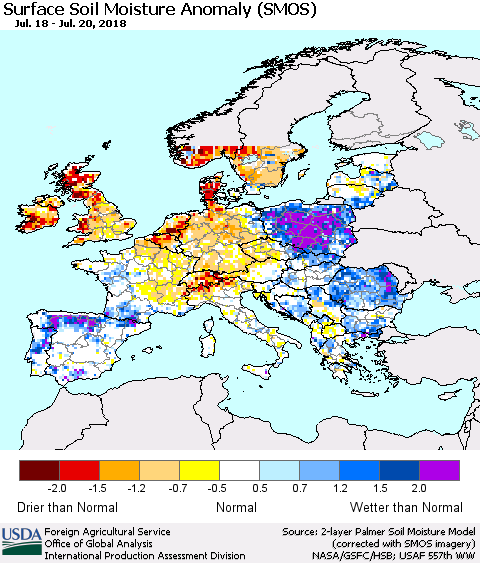 Europe Surface Soil Moisture Anomaly (SMOS) Thematic Map For 7/16/2018 - 7/22/2018
