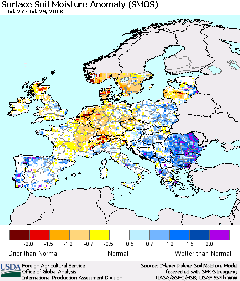 Europe Surface Soil Moisture Anomaly (SMOS) Thematic Map For 7/23/2018 - 7/29/2018