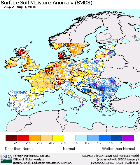 Europe Surface Soil Moisture Anomaly (SMOS) Thematic Map For 7/30/2018 - 8/5/2018
