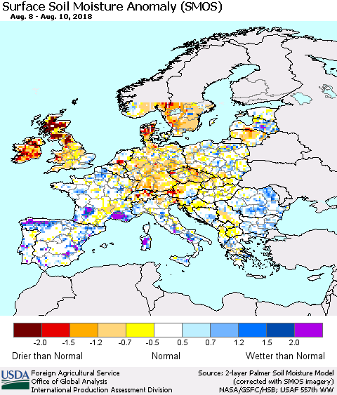 Europe Surface Soil Moisture Anomaly (SMOS) Thematic Map For 8/6/2018 - 8/12/2018