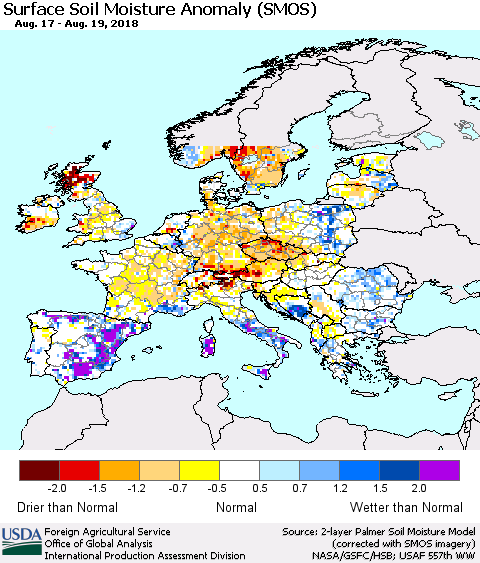 Europe Surface Soil Moisture Anomaly (SMOS) Thematic Map For 8/13/2018 - 8/19/2018