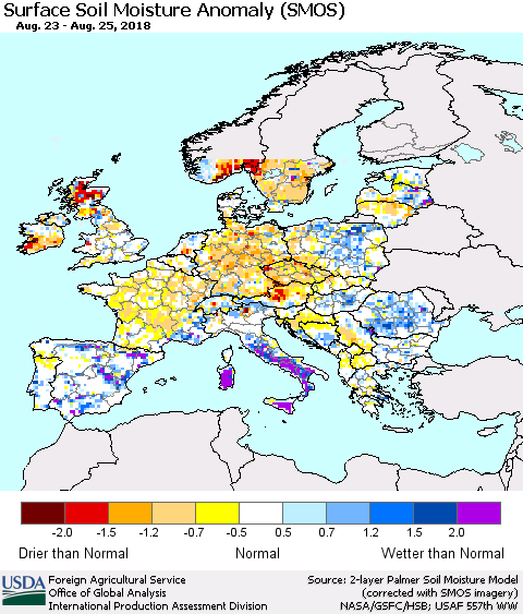 Europe Surface Soil Moisture Anomaly (SMOS) Thematic Map For 8/20/2018 - 8/26/2018