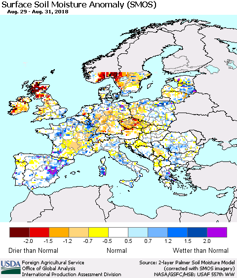 Europe Surface Soil Moisture Anomaly (SMOS) Thematic Map For 8/27/2018 - 9/2/2018