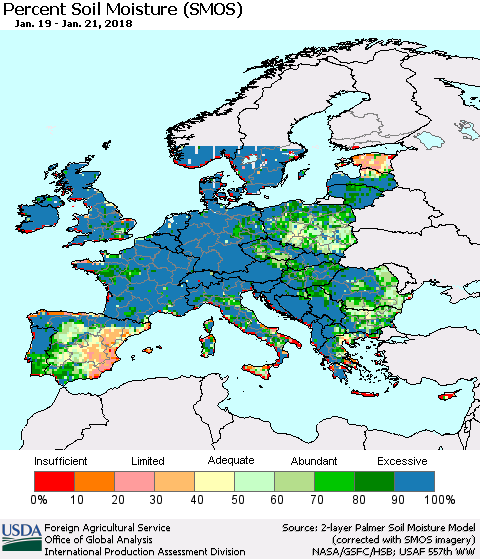 Europe Percent Soil Moisture (SMOS) Thematic Map For 1/15/2018 - 1/21/2018