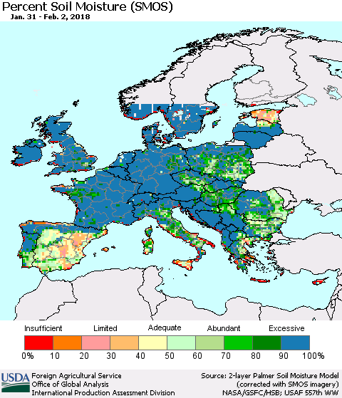 Europe Percent Soil Moisture (SMOS) Thematic Map For 1/29/2018 - 2/4/2018