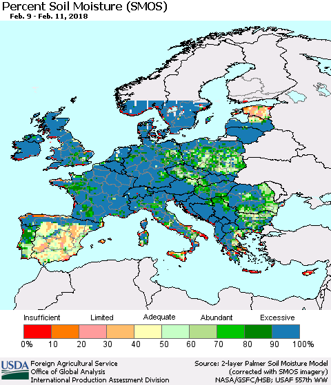 Europe Percent Soil Moisture (SMOS) Thematic Map For 2/5/2018 - 2/11/2018