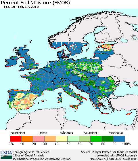Europe Percent Soil Moisture (SMOS) Thematic Map For 2/12/2018 - 2/18/2018