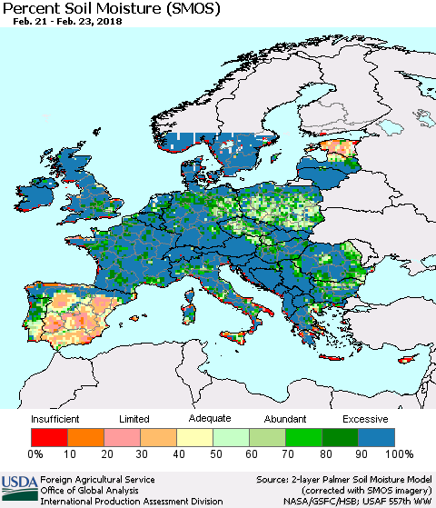 Europe Percent Soil Moisture (SMOS) Thematic Map For 2/19/2018 - 2/25/2018
