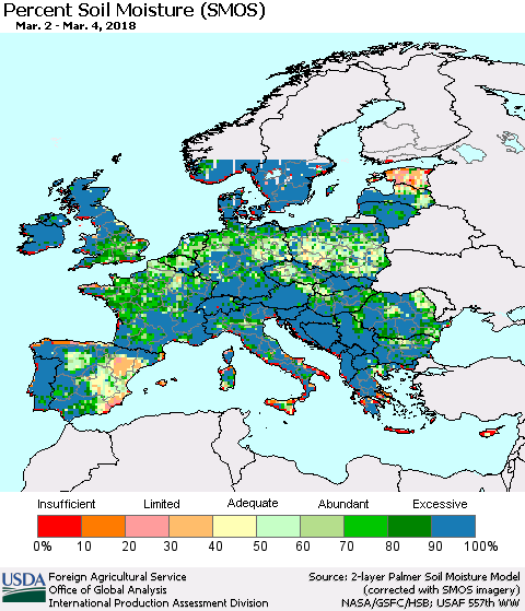 Europe Percent Soil Moisture (SMOS) Thematic Map For 2/26/2018 - 3/4/2018