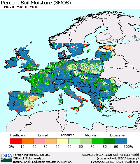 Europe Percent Soil Moisture (SMOS) Thematic Map For 3/5/2018 - 3/11/2018