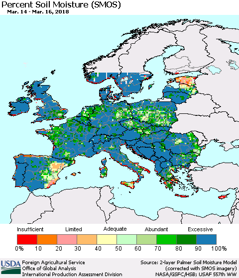 Europe Percent Soil Moisture (SMOS) Thematic Map For 3/12/2018 - 3/18/2018