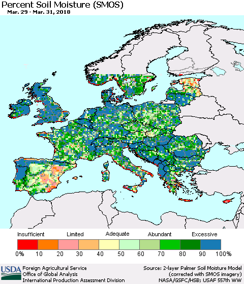 Europe Percent Soil Moisture (SMOS) Thematic Map For 3/26/2018 - 4/1/2018