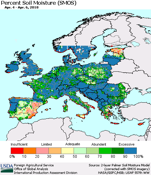 Europe Percent Soil Moisture (SMOS) Thematic Map For 4/2/2018 - 4/8/2018