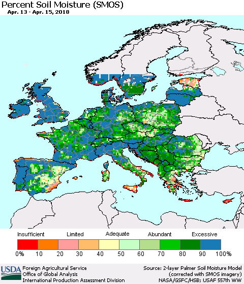 Europe Percent Soil Moisture (SMOS) Thematic Map For 4/9/2018 - 4/15/2018